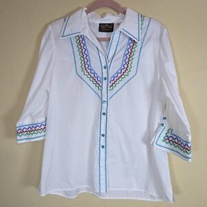Vintage Bob Mackie Wearable Art‎ Western Button Up Shirt white M Embroidered